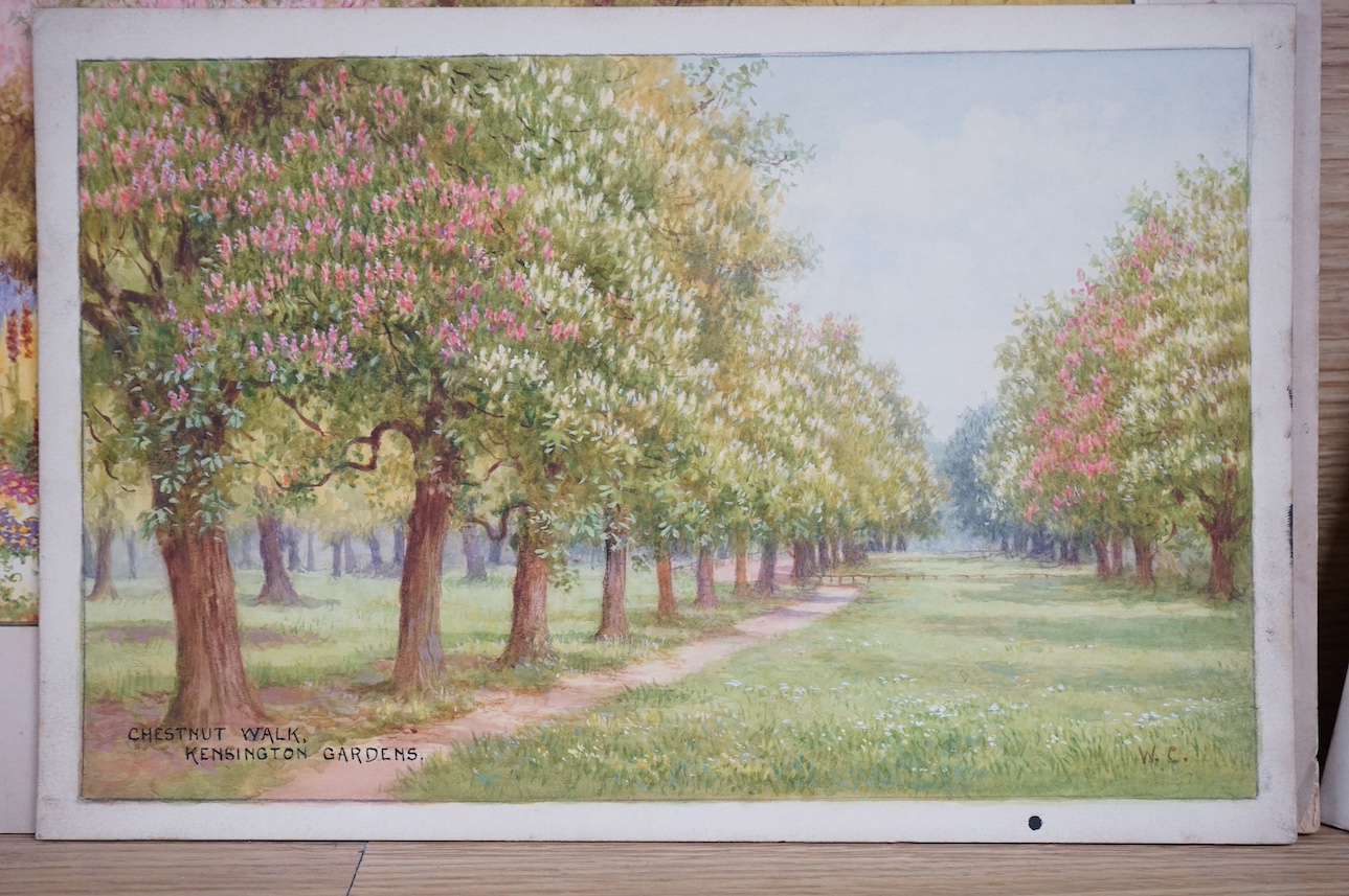 William Affleck, (Aka Carruthers, 1868-1943), a set of four original watercolours for post card designs, London parks and gardens comprising; ‘Regents Park’, ‘Hyde Park’, ‘Kensington Gardens’ and ‘Kew Gardens’, one signe